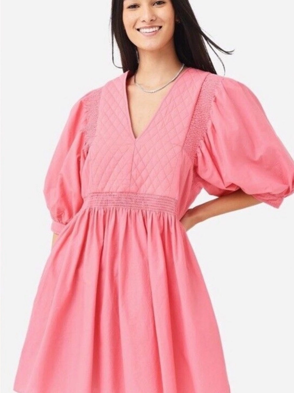 HUNTER BELL Pink Quilted V-Neck Mini Dress with Puff Sleeves